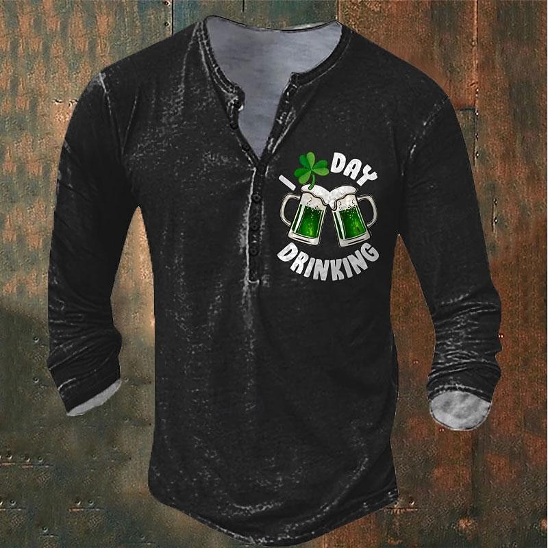 St. Patrick st paddys Shamrock Beer Men's  Casual 3D Print T shirt Tee Henley Shirt Holiday Going out St. Patrick T shirt Green Black Long Sleeve Henley Shirt Spring & Fall Clothing Apparel3