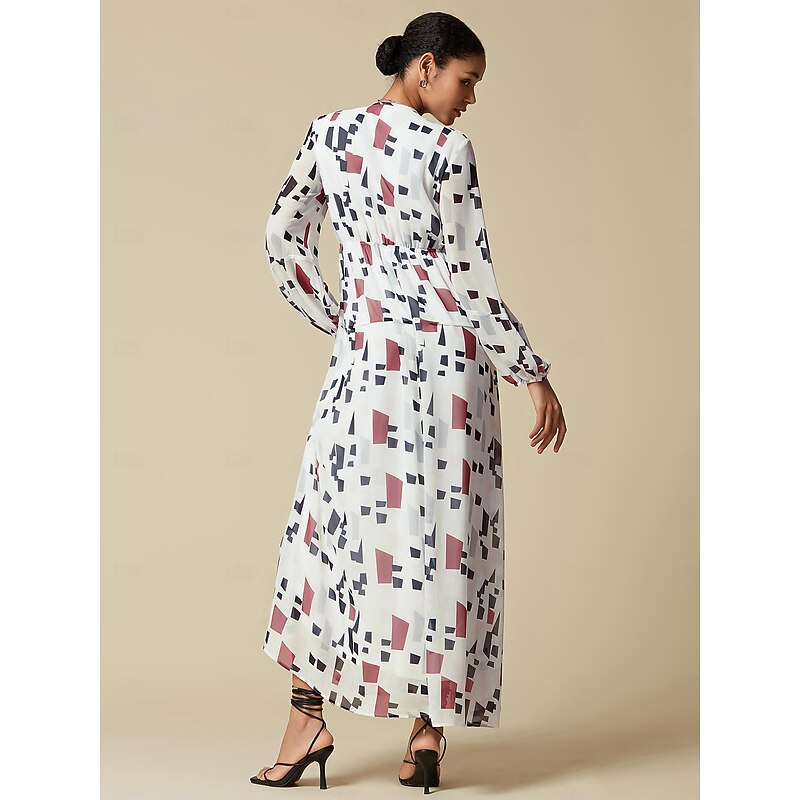 Chiffon Geometric V Neck Maxi Dress2