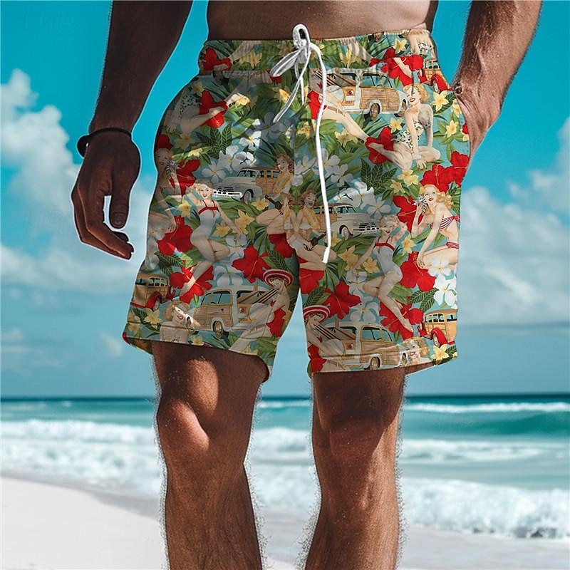 Men's Oil Painting Flower / Floral Swim Trunks Swim Shorts Board Shorts Mid Waist Vacation Hawaiian Retro Vintage Vacation Holiday Beach Drawstring with Mesh lining Elastic Waist Designer Clothing