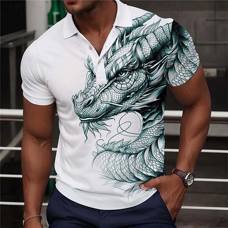 Men's Dragon Polo Shirts Golf Shirt Short Sleeve Polo Shirts Collared Shirts Casual Funny Streetwear Vacation Wear Party Outfits Buttons 3D Print Summer Wine Green Gray3