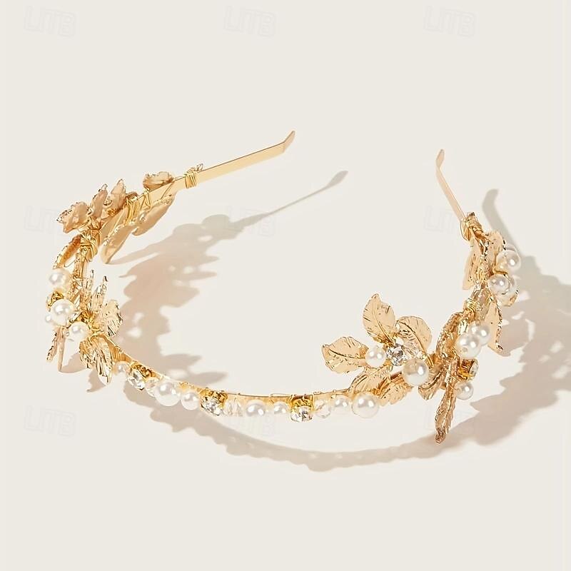 1pcs Faux Pearl Leaf Decor Headband Golden Baroque Hair Hoop Elegant Headband Wedding Party Hair Accessories For Women2