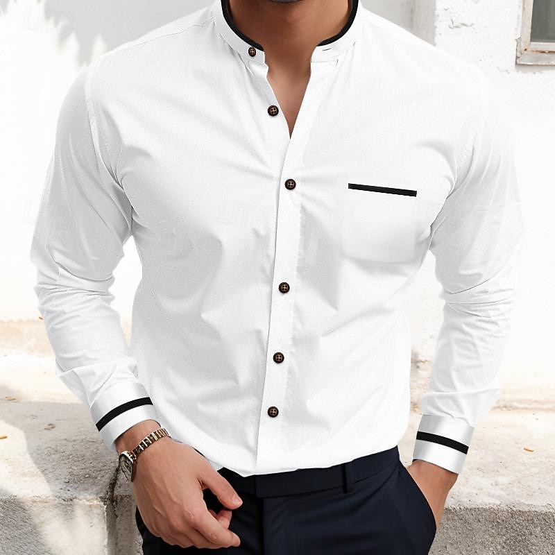 Men's Shirt Band Collar Shirt Dress Shirt Oxford Shirt Button Up Shirt Wedding Vacation White Navy Blue Gray Light Blue Long Sleeve Standing Collar Spring & Summer Clothing Apparel Front Pocket