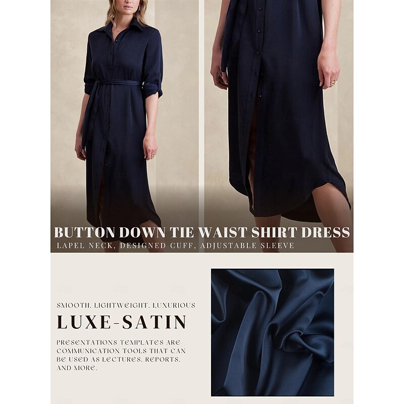 Satin Lace Up Button Casual Midi Shirt Dress3