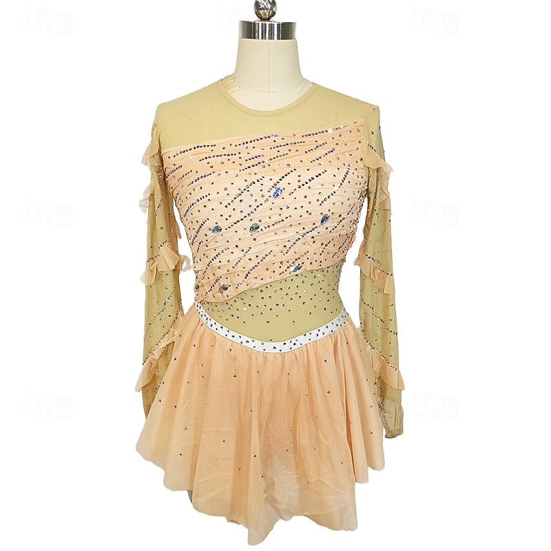 Figure Skating Dress Women's Girls' Ice Skating Dress Champagne Patchwork Thumbhole Mesh Spandex Stretchy Training Practice Professional Skating Wear Crystal / Rhinestone Long Sleeve Ice Skating