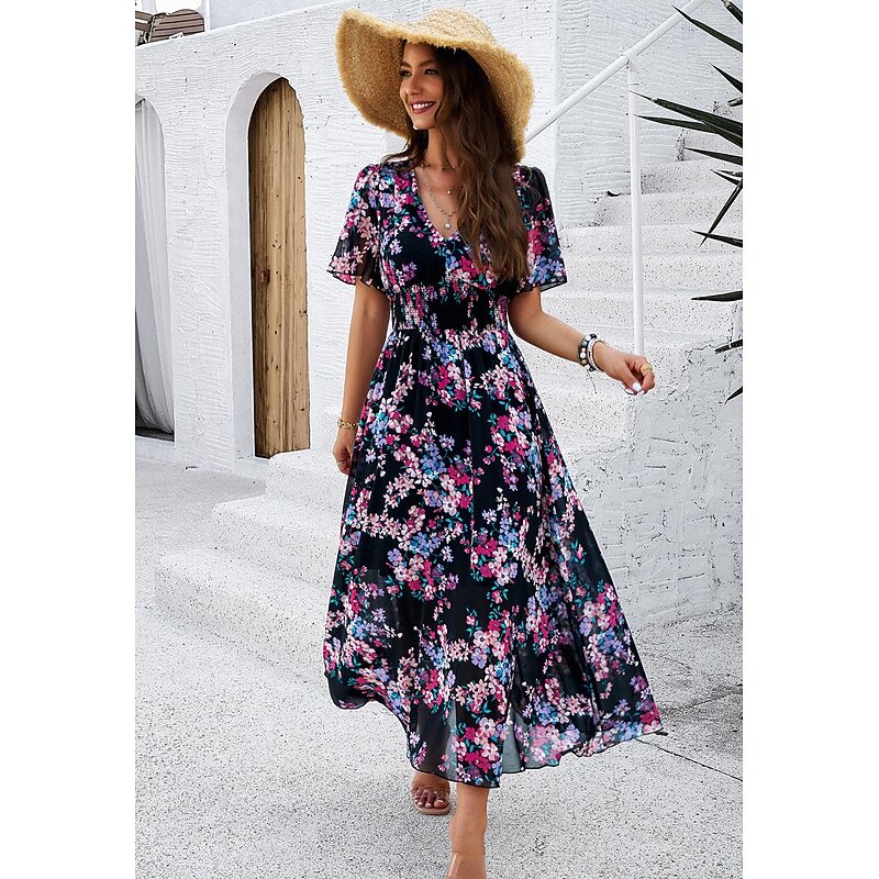 Women's Sheath Dress Chiffon Dress Sundress Floral Graphic Elastic Waist Print V Neck Cold Shoulder Long Dress Maxi Dress Elegant Tropical Party Date Short Sleeve Summer Spring3