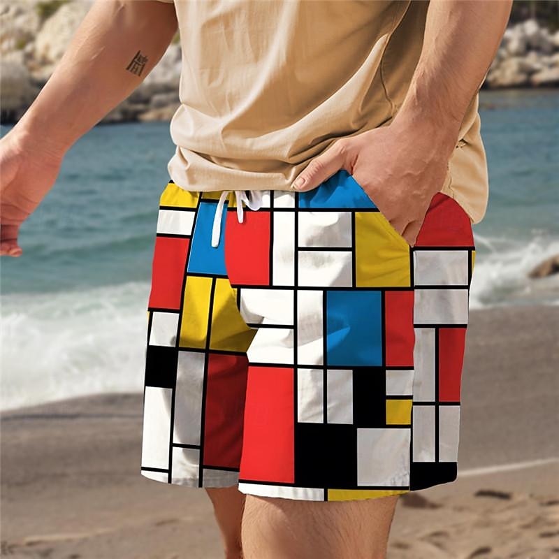 Men's Plaid Color Block Swim Trunks Swim Shorts Board Shorts Mid Waist Vacation Hawaiian Holiday Vacation Holiday Beach Drawstring with Mesh lining Elastic Waist Designer Clothing Apparel