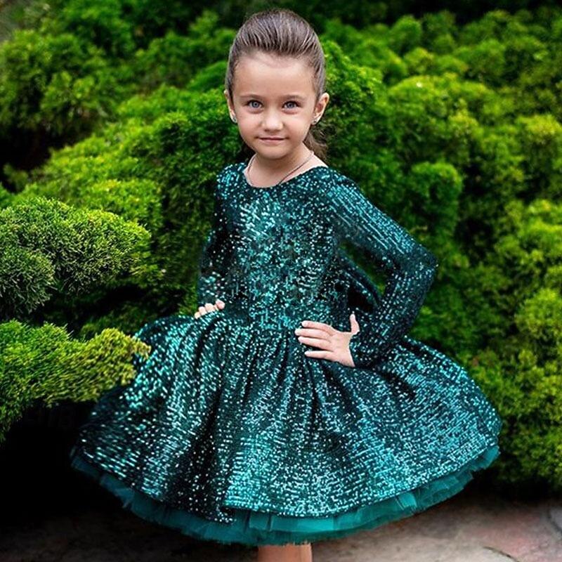 Kids Girls' Party Dress Solid Color Long Sleeve Performance Mesh Princess Sweet Mesh Mid-Calf Sheath Dress Tulle Dress Summer Spring Fall kids Pink Wine Green3
