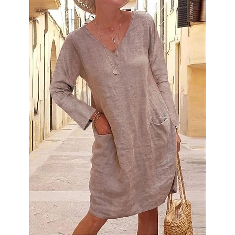 Women's Black Yellow khaki Summer Spring Midi Dress Linen-Inspired Dresses Black Dress Casual Dress Basic Modern Daily Weekend Loose Fit Plain V Neck4