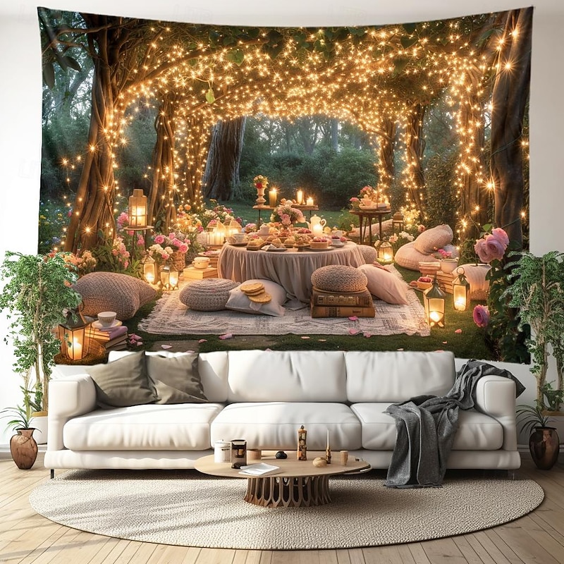 Dinner in Flowers Hanging Tapestry Wall Art Large Tapestry Mural Decor Photograph Backdrop Blanket Curtain Home Bedroom Living Room Decoration3