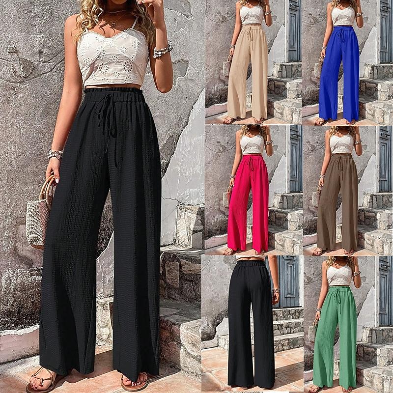 Women's Wide Leg Pants Trousers Side Pockets Plain Full Length Black Spring & Summer2