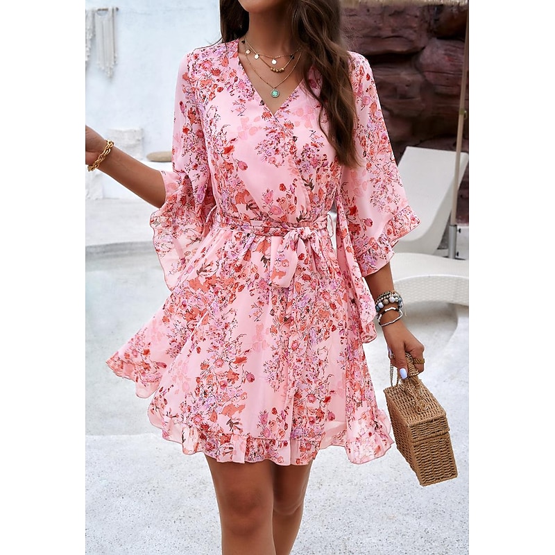 Women's Casual Dress Sheath Dress Sundress Rose 3D Print Tie Front Print V Neck Butterfly Sleeve Mini Dress Bohemia Cute Date Vacation Half Sleeve Summer Spring4