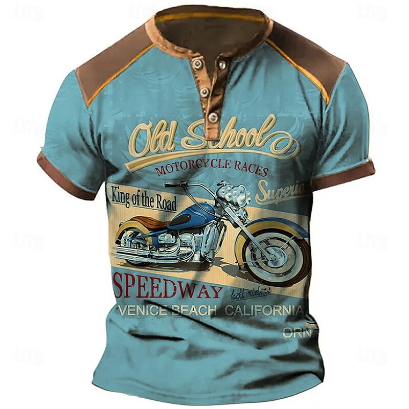 Men's Graphic Motorcycle Henley Shirt Short Sleeve 3D Print Fashion Designer Comfortable Outdoor Daily Summer Navy Blue Blue Sky Blue Purple Brown Henley Henley T-Shirt2