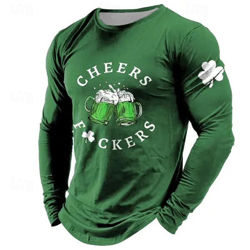 St. Patrick Men's Graphic Shamrock Beer Lucky Irish T Shirt T shirt Tee Long Sleeve T shirt 3D Print Crew Neck Shirt Fashion Designer Casual Sports Outdoor Holiday Going out Black Blue Green Spring