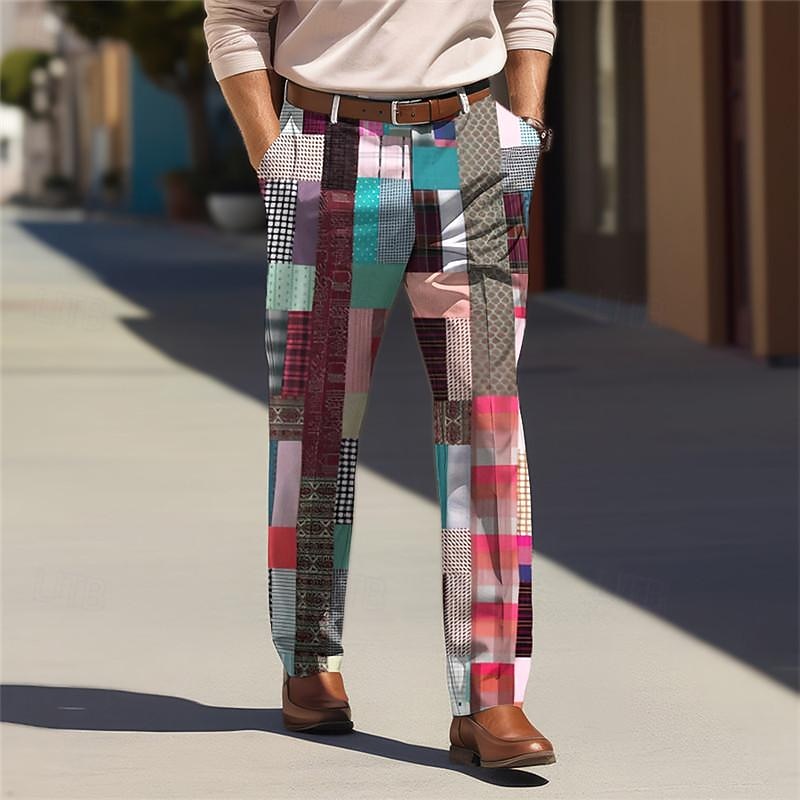Color Block Geometry Business Casual Men's Business 3D Printed Dress Pants Flat Front Straight-Leg Relaxed-fit Polyester Summer Pants Outdoor Street Wear to Work Daily Wear S TO 3XL2