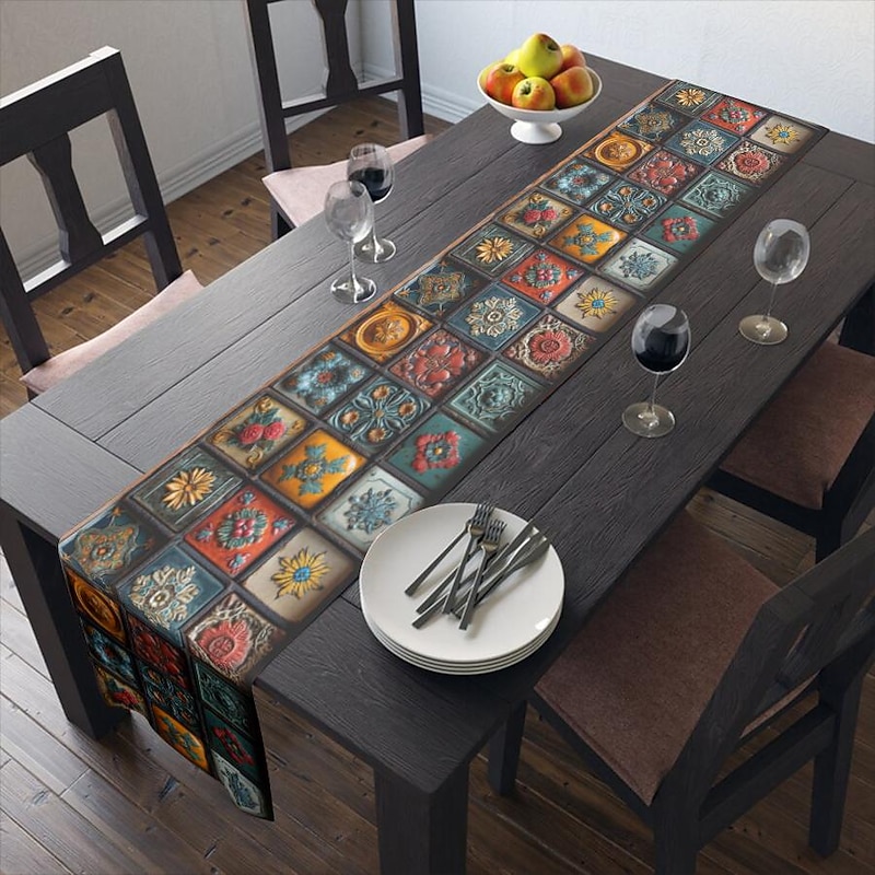 Geometric Print Table Runner, Kitchen Dining Table Decor, Print Decor Table Runners for Indoor Outdoor Home Farmhouse Holiday Wedding Birthday Party Decoration4