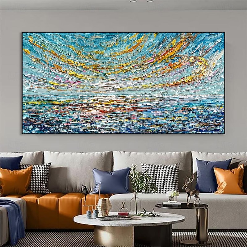 Handmade Oil Painting Canvas Wall Art Decoration Modern Abstract Sunrise Sea Thick Texture Landscape for Home Decor Rolled Frameless Unstretched Painting