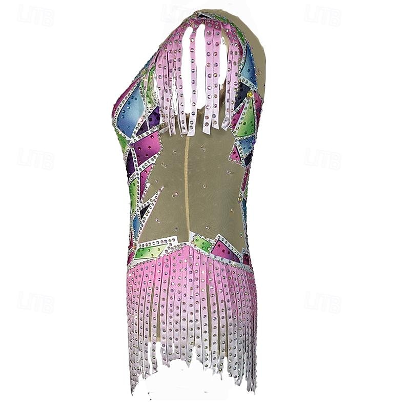 Figure Skating Dress Women's Girls' Ice Skating Dress Multi color Patchwork Tassel Mesh Spandex Stretchy Training Practice Professional Skating Wear Crystal / Rhinestone Short Sleeve Figure Skating4