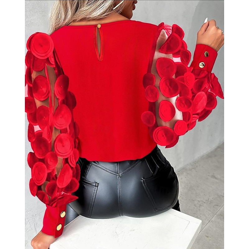 Shirt Blouse Women's 6 black Black Red Solid Color Mesh Street Daily Fashion Round Neck S3