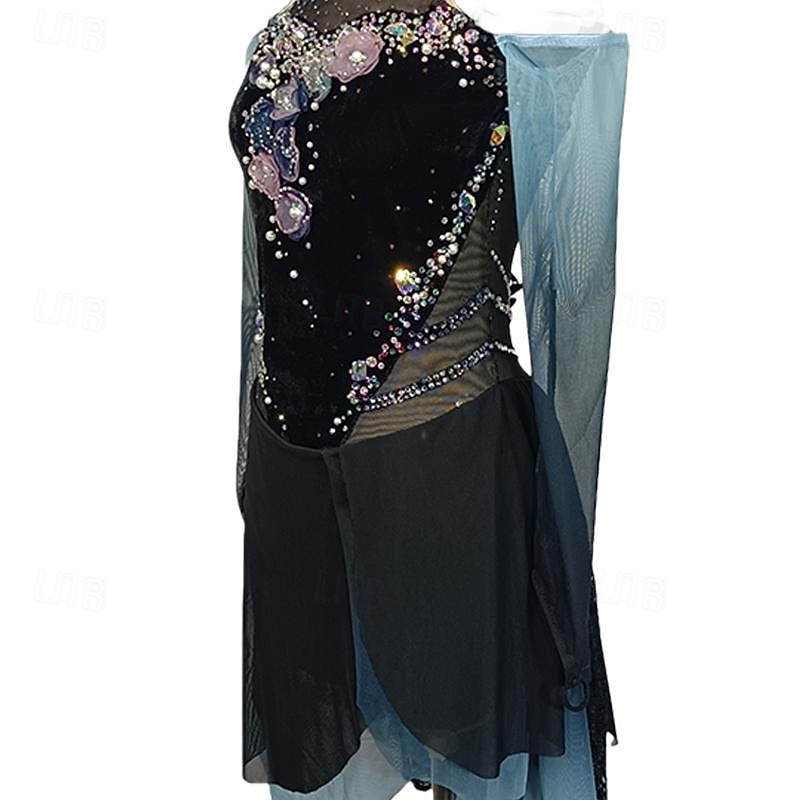 Figure Skating Dress Women's Girls' Ice Skating Dress Blue Black Patchwork Thumbhole Mesh Spandex Lace Stretchy Training Practice Professional Skating Wear Crystal / Rhinestone Long Sleeve Figure4
