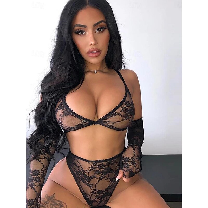 Women's Lace Backless Sexy Erotic Sexy Lingerie Sexy Bodies Nightwear - POLY Spandex Solid Colored Sexy Lingerie Set Home Outfits3