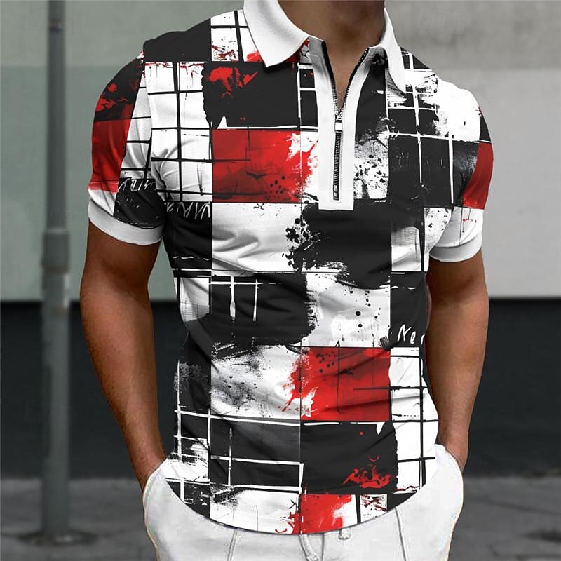 Men's Plaid Zip Polo Shirts Golf Shirt Short Sleeve Polo Shirts Collared Shirts Vintage Casual Vacation Wear Formal Wear Festival Wear 3D Print Quarter Zip Polo Summer Yellow Red Blue