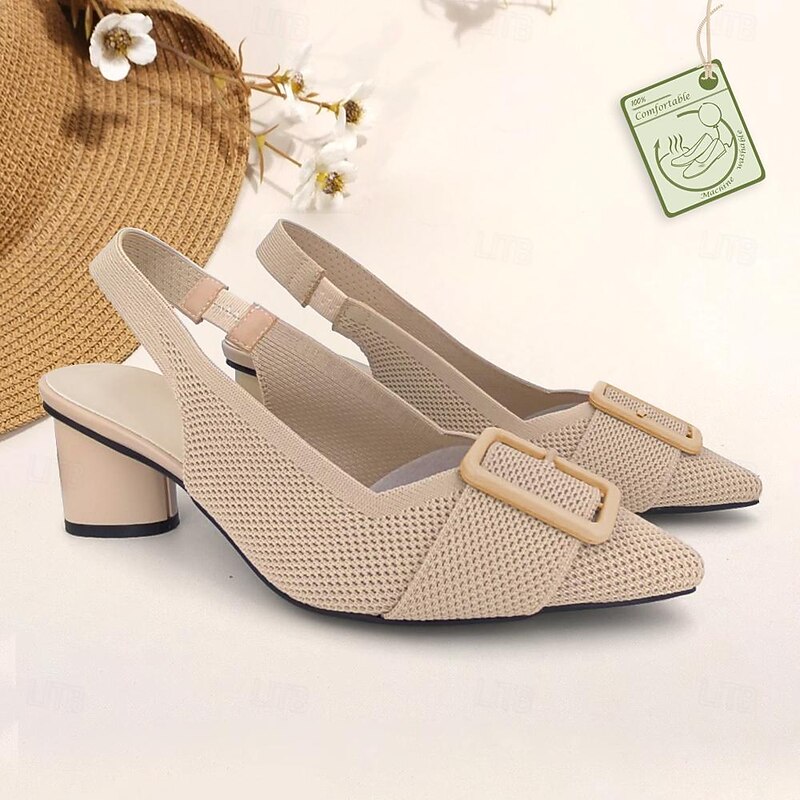 Women's Heels Plus Size Flyknit Shoes Wedding Outdoor Office Striped Buckle Block Heel Pointed Toe Fashion Classic Comfort Walking Knit Loafer Almond Black Yellow