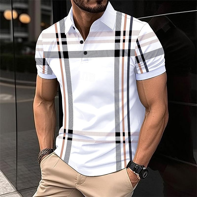 Men's Geometric Golf Shirt Short Sleeve Polo Shirts Collared Shirts Casual Vacation Wear Formal Wear Festival Wear Buttons 3D Print Spring & Summer White Blue2