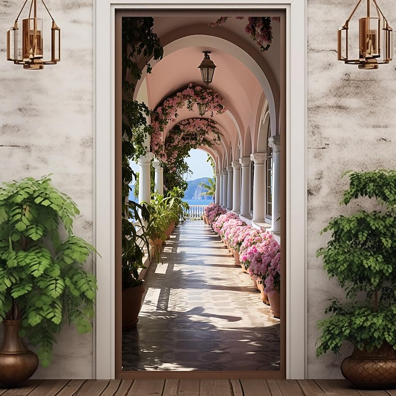 Valentine's Day Garden Arch Floral Door Covers Mural Decor Door Tapestry Door Curtain Decoration Backdrop Door Banner Removable for Front Door Indoor Outdoor Home Room Decoration Farmhouse Decor