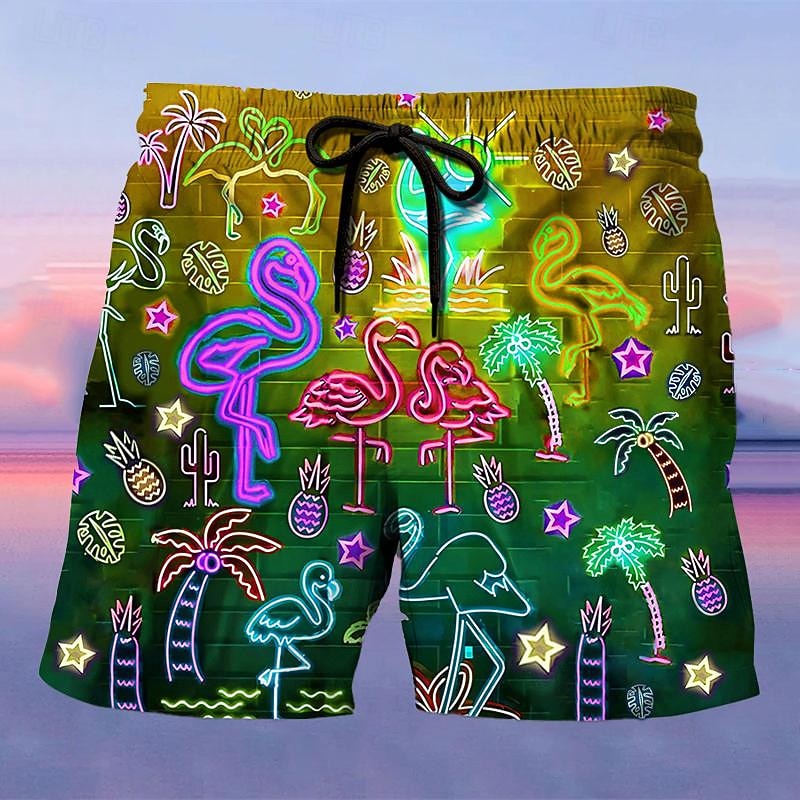 Men's Flamingo Graphic Prints Swim Trunks Swim Shorts Board Shorts Mid Waist Hawaiian Boho Casual Daily Holiday Drawstring with Mesh lining Elastic Waist Designer Clothing Apparel3