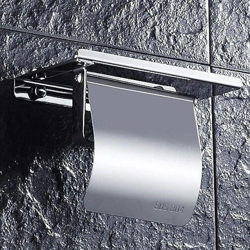 Toilet Paper Holder Stainless Steel for Bathroom with Mobile Phone Storage Shelf Wall Mounted 1pc