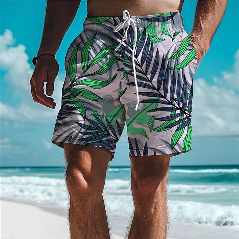 Men's Leaf Tropical Swim Trunks Swim Shorts Board Shorts Mid Waist Vacation Hawaiian Holiday Vacation Holiday Beach Drawstring with Mesh lining Elastic Waist Designer Clothing Apparel2