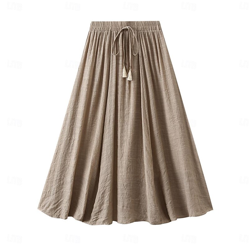 Women's Skirt Linen Skirts Fashion Casual Midi High Waist Skirts Solid Colored Drawstring Casual Daily Weekend Black Pink Blue Khaki Summer Cotton And Linen