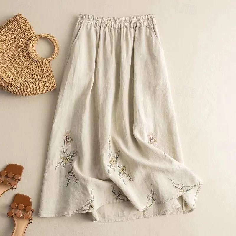 Women's Skirt Linen Skirts Fashion Casual Maxi High Waist Skirts Floral Embroidered Casual Daily Weekend Khaki Summer Cotton And Linen