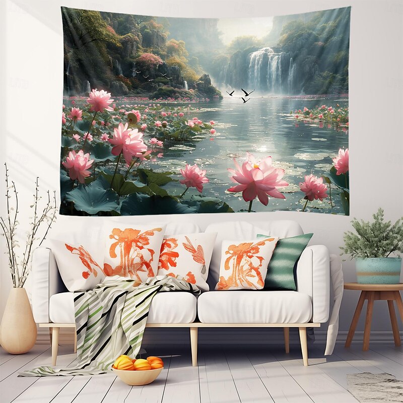Lotus Pound Landscape Hanging Tapestry Wall Art Large Tapestry Mural Decor Photograph Backdrop Blanket Curtain Home Bedroom Living Room Decoration2