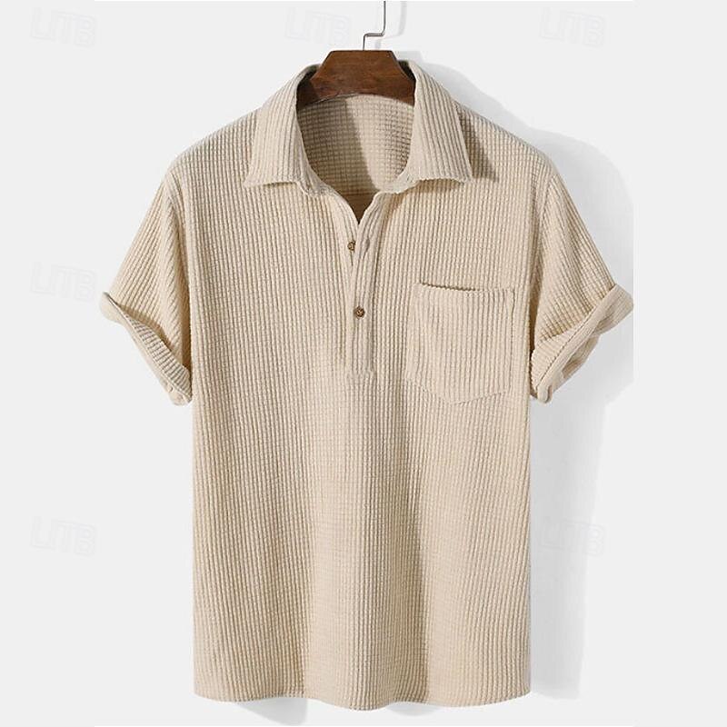 Men's Shirt Summer Shirt Casual Shirt Beach Shirt Corduroy Shirt Blue Green Apricot Short Sleeve Plain Lapel Vacation Holiday Pocket Clothing Apparel Polyester Fashion Casual Comfortable3