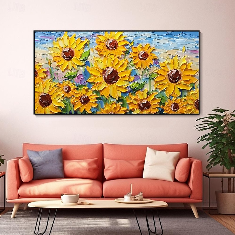 3D Hand-Painted Sunflower Canvas Texture Art painting handmade Abstract knife Sunflower Home Painting handmade  Landscape Plant Oil Painting for Living Room bedroom Decor