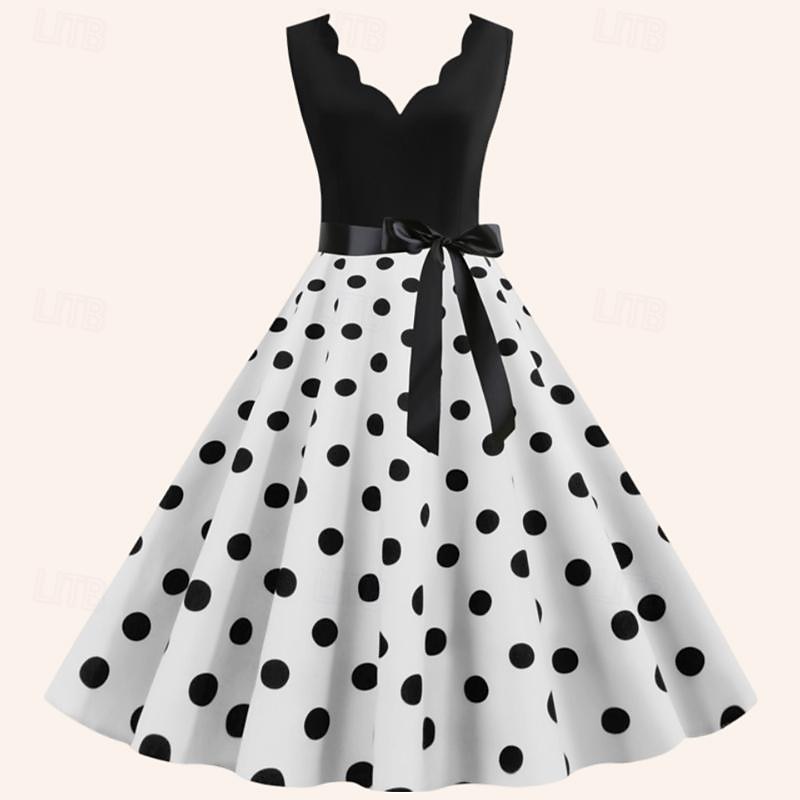 Polka Dots 1950s Grease Outfits Cocktail Dress Knee Length Dress Rockabilly Flare Dress Polka Dot V Neck Fancy Dress Women's Christmas Halloween Carnival Evening Party Adults' Dress