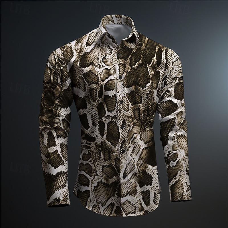 Men's Snake Print Aloha Shirt Printed Shirts Long Sleeve Subcultural Vacation Party Street Spring & Summer Turndown Print Button-Down Khaki Gray2