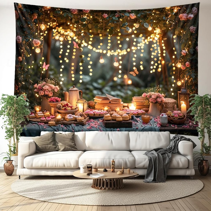 Dinner in Flowers Hanging Tapestry Wall Art Large Tapestry Mural Decor Photograph Backdrop Blanket Curtain Home Bedroom Living Room Decoration4