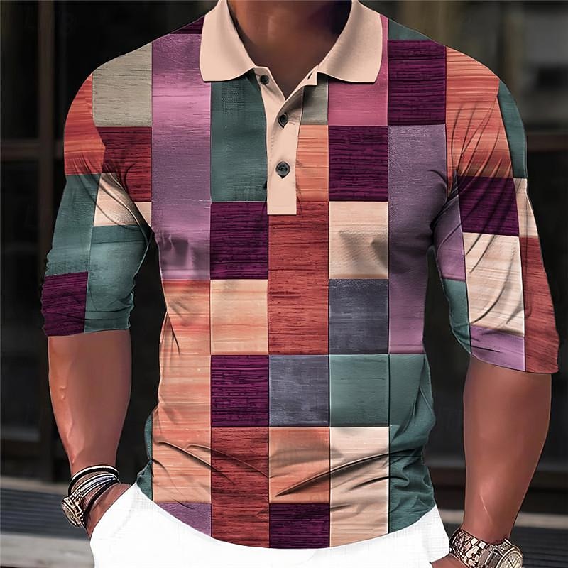 Men's Plaid Polo Shirts Golf Shirt Long Sleeve Polo Shirts Collared Shirts Vintage Casual Vacation Wear Formal Wear Festival Wear 3D Print Buttons Spring & Summer Yellow Pink Blue4