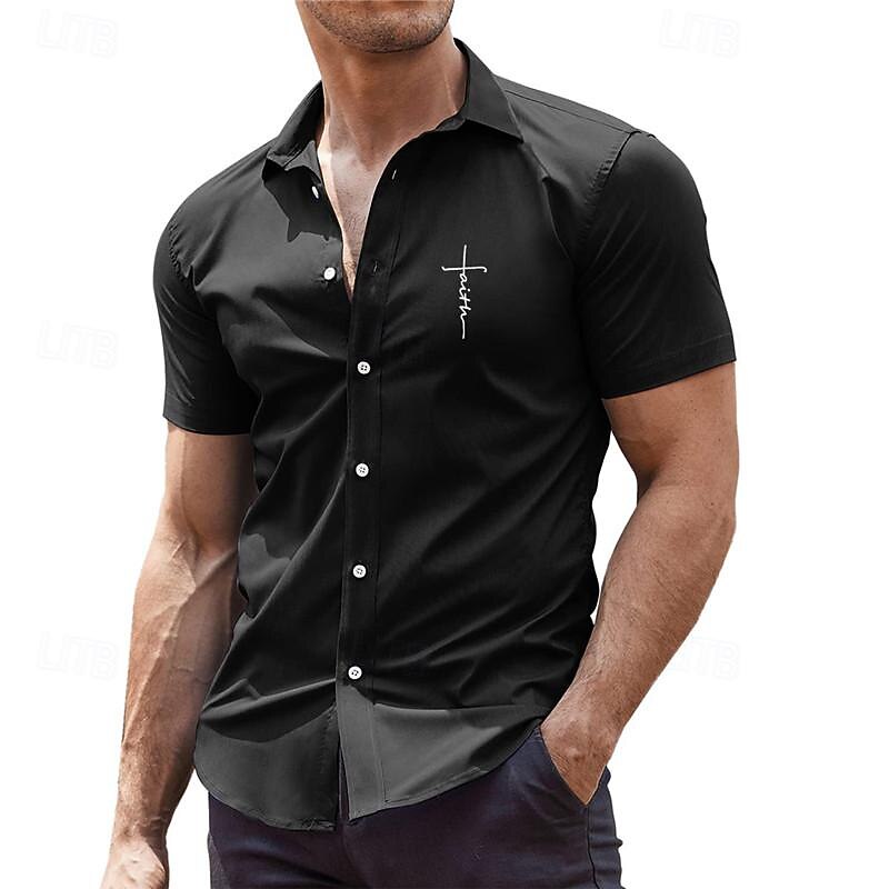 Men's Dress Shirt Printed Shirts Faith Outdoor Street Black Burgundy Dark Navy Green Short Sleeve Turndown Summer Clothing Apparel Print