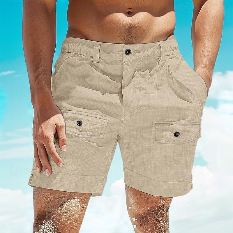 Men's Shorts Linen Shorts Summer Shorts Beach Shorts Pocket Elastic Waist Buttons Plain Comfort Breathable Short Casual Daily Holiday Fashion Classic Style White Khaki