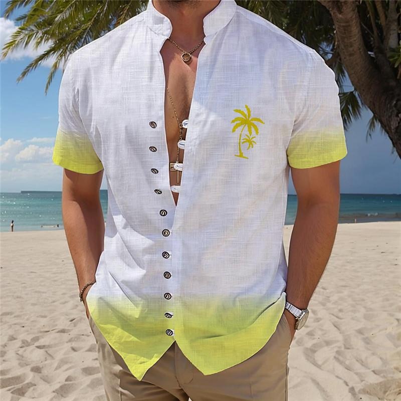 Men's Palm Tree Tropical Plants Summer Hawaiian Shirt Aloha Shirt Printed Shirts Short Sleeves Shirt Standing Collar Hawaiian Resort Vacation Holiday Daily Wear Yellow Blue Purple S M L
