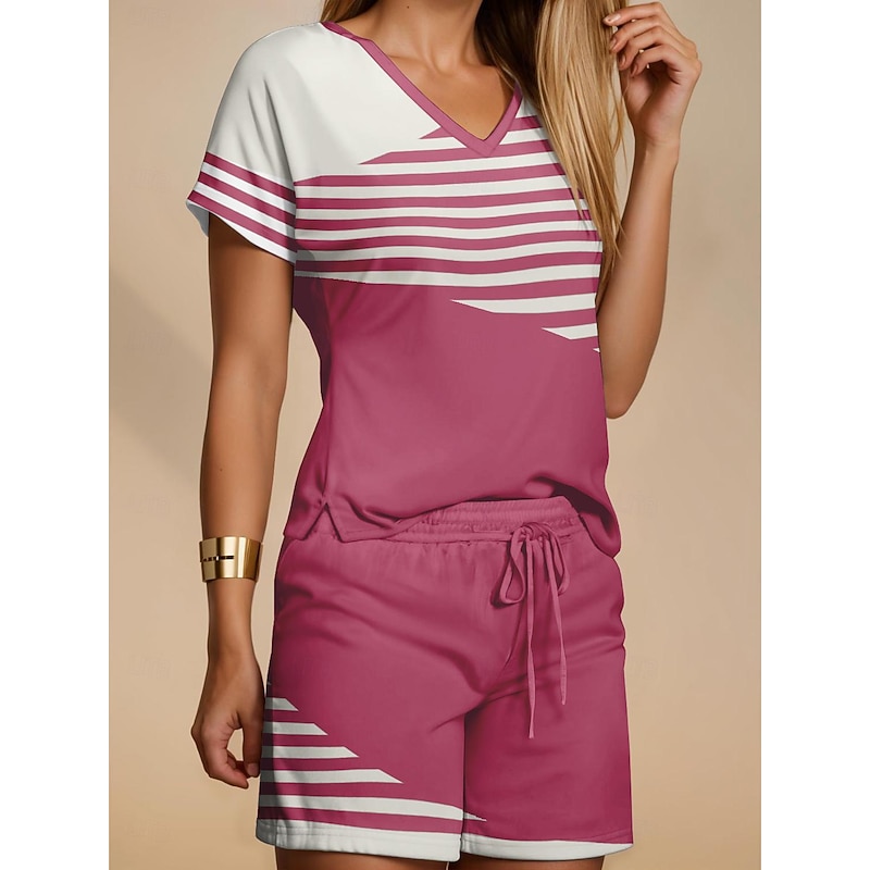 Women's Fashion T Shirt Shorts Sets Baggy Shorts Short Sleeve V Neck Striped Drawstring Print Casual Daily Black Pink Blue Summer Regular Fit4