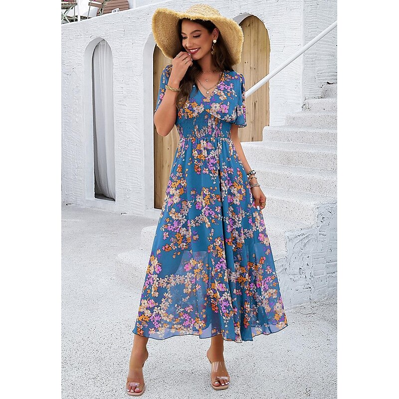 Women's Sheath Dress Chiffon Dress Sundress Floral Graphic Elastic Waist Print V Neck Cold Shoulder Long Dress Maxi Dress Elegant Tropical Party Date Short Sleeve Summer Spring 21