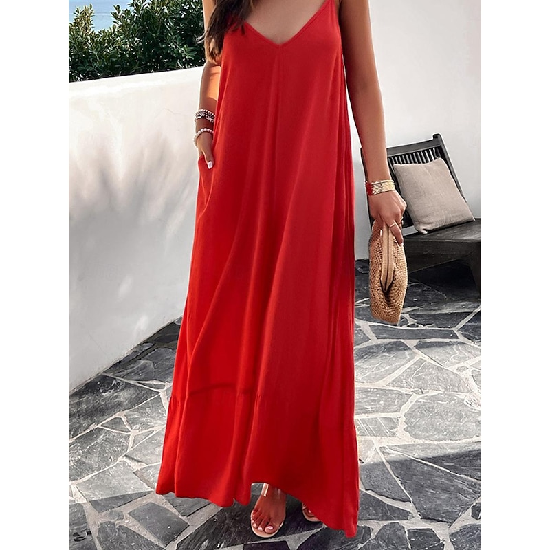Women's Casual Dress Long Dress Maxi Dress Backless Pocket Date Streetwear Maxi Strap Sleeveless Black Red Blue Color2
