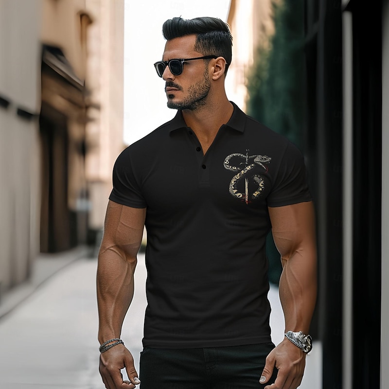 Men's Snake Polo Shirts Golf Shirt Short Sleeve Polo Shirts Collared Shirts Casual Funny Streetwear Vacation Wear Party Outfits Buttons 3D Print Summer Spring Fall Black White Khaki3