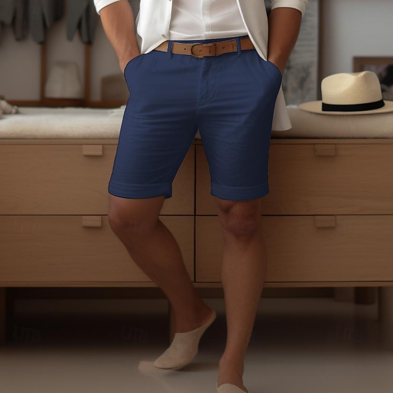 40% Linen Men's Shorts Linen Shorts Summer Shorts Button Up Pocket Plain Breathable Comfortable Short Daily Vacation Going out Classic Casual White Navy Blue2