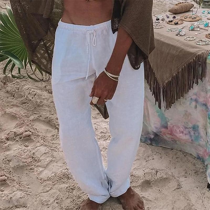 Men's Linen Pants Trousers Summer Pants Pocket Drawstring Elastic Waist Plain Comfort Breathable Vacation Daily Holiday Fashion Classic Style Black White Micro-elastic