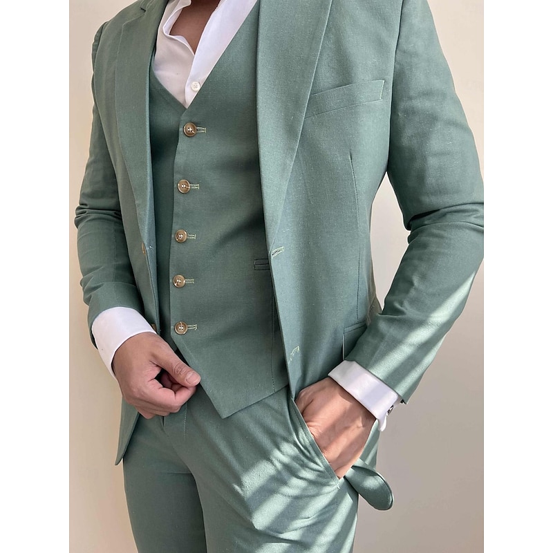 Men's Wedding Suits Notch Sage Formal Solid Colored Tailored Fit 3 Piece Single Breasted Two-buttons